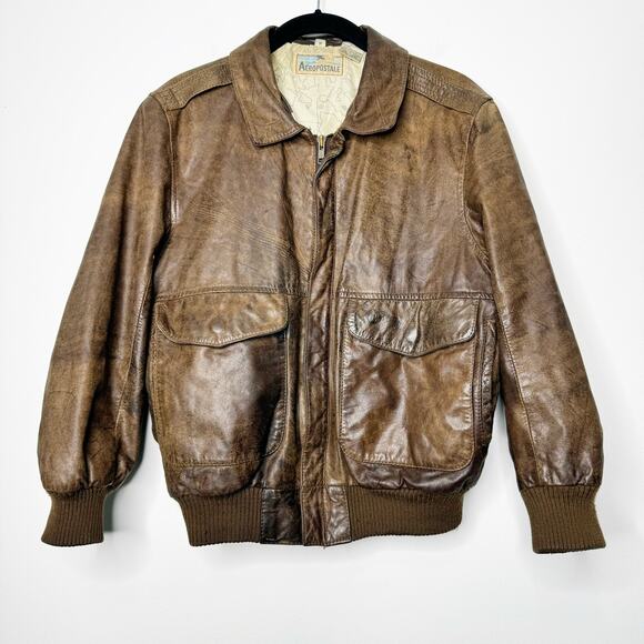 Vintage Aeropostale Brown Leather Flight Jacket Aviator Bomber Compagnie Medium - Picture 1 of 11